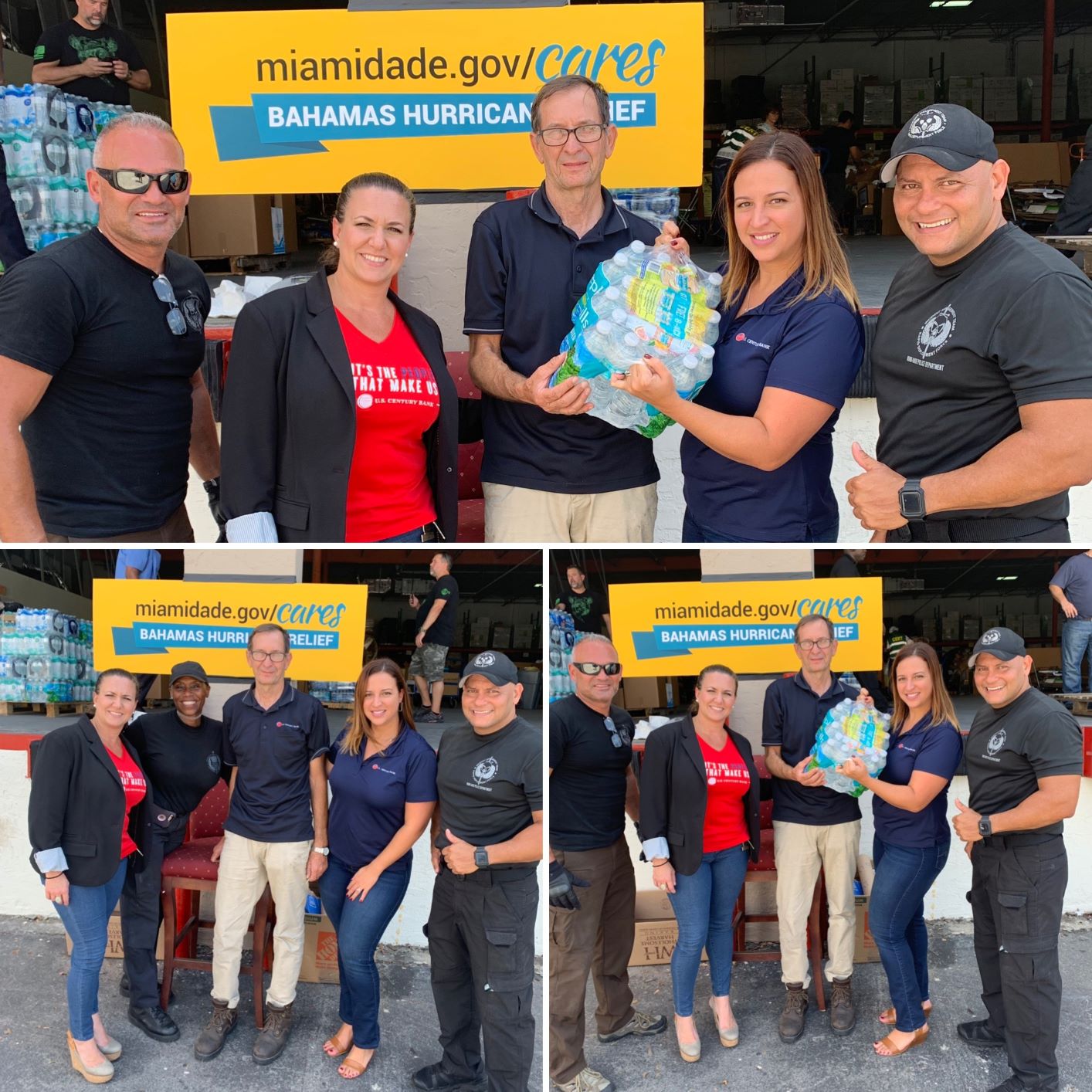 U.S. Century Bank employees holding donations